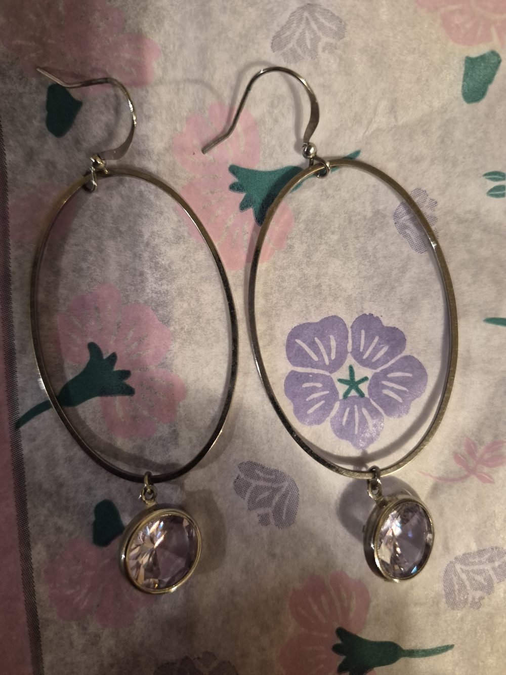 Beginning Boutique Silver Hoop Earrings with Light Purple Gem Drops